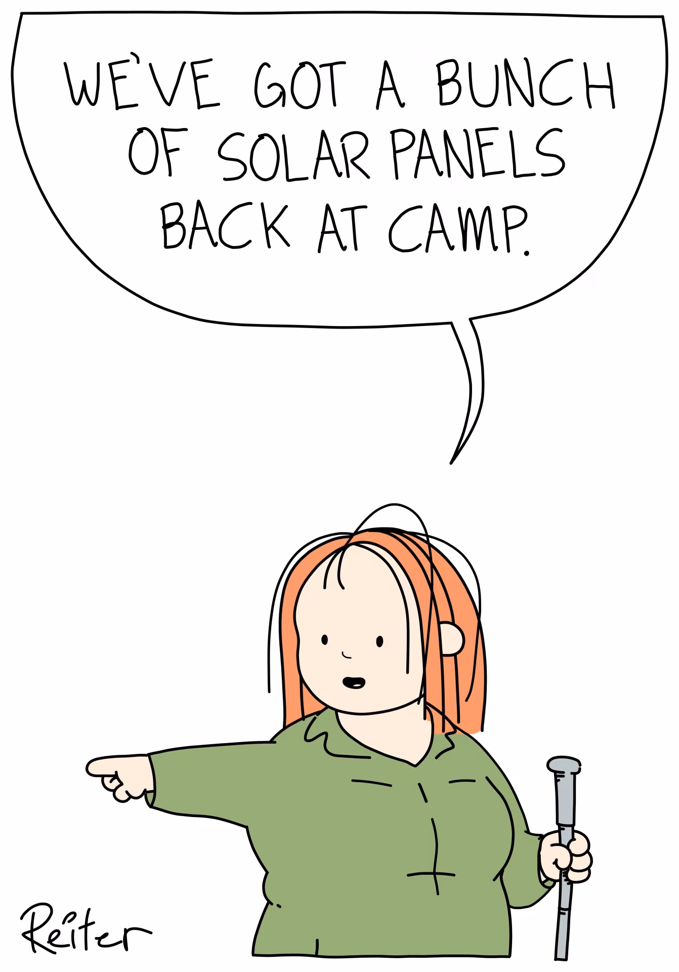 Kat points back to camp. Kat: we&rsquo;ve got a bunch of solar panels back at camp.