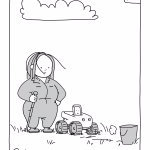 Drawing of girl with AI companions next to her on farm. The farmer has run away and strands of hair on the girls face were moved by the farmer’s wake
