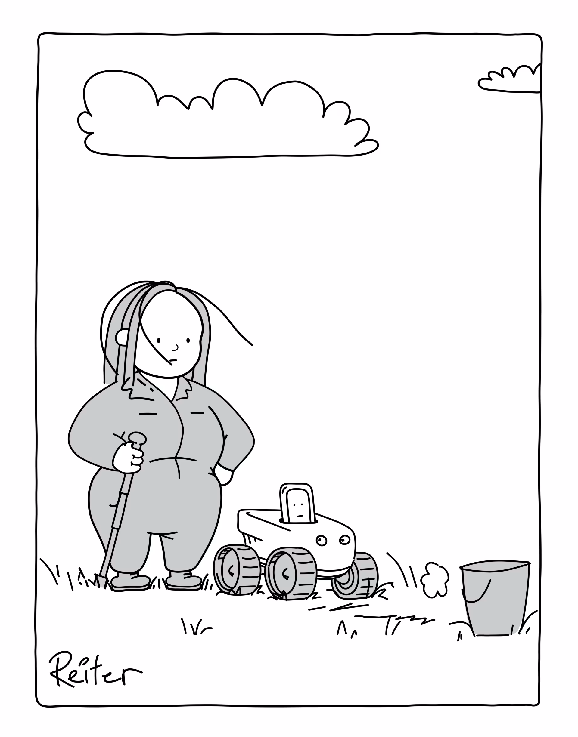 Drawing of girl with AI companions next to her on farm. The farmer has run away and strands of hair on the girls face were moved by the farmer&rsquo;s wake